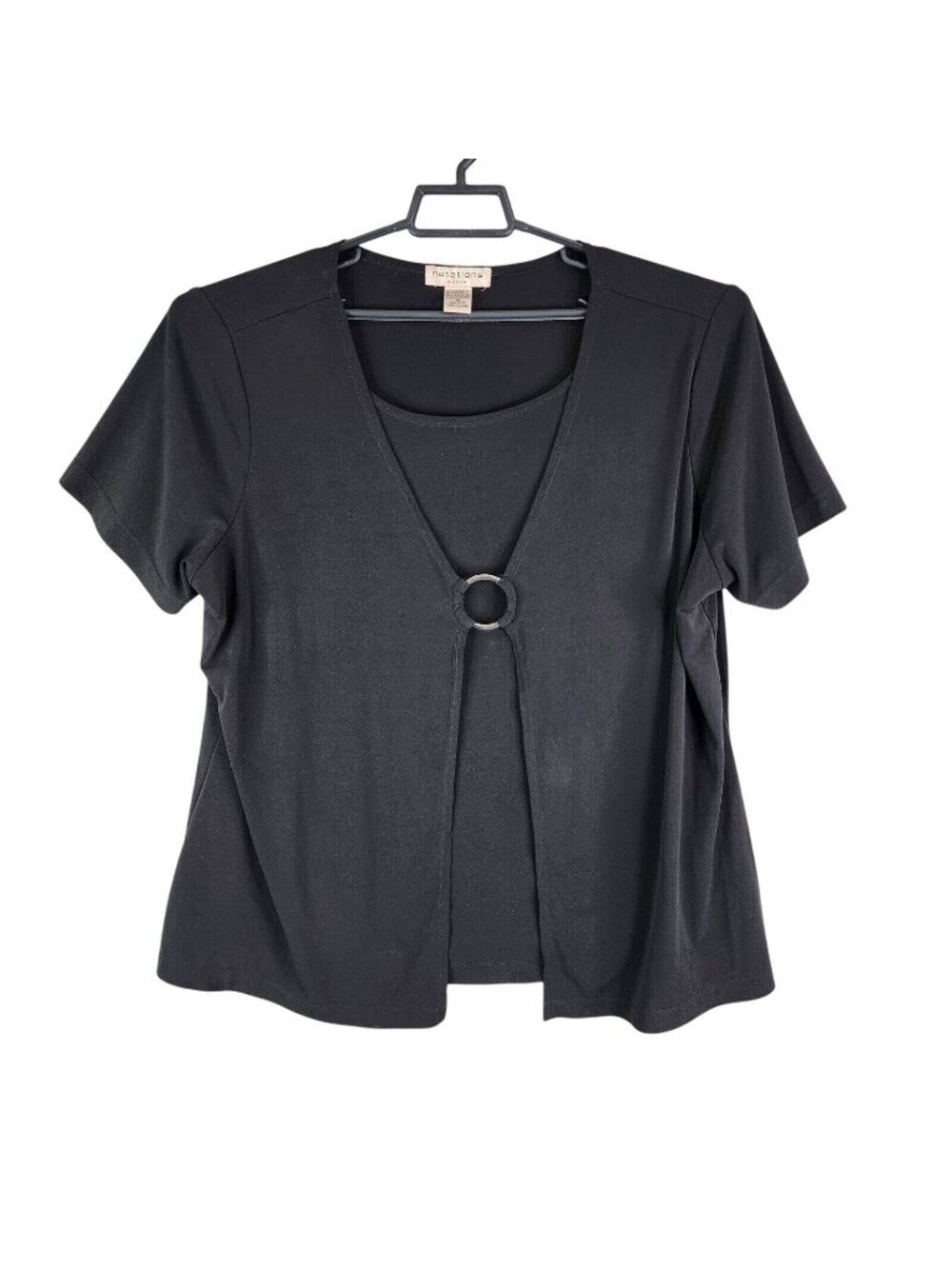 Womens Notations Black Blouse Silver Buckle Short Sleeve Polyester Stretch 1X
